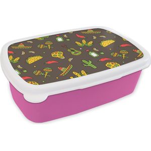 Broodtrommel Roze - Lunchbox - Brooddoos - Patroon - Mexico - Sombrero - 18x12x6 cm - Kinderen - Meisje