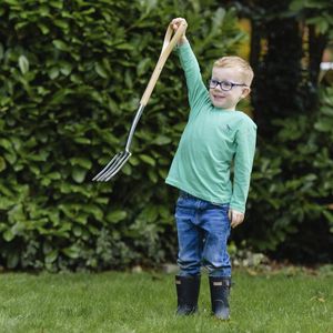 Kinderspatvork – lichte tuinfork voor kinderen van roestvrij staal, kleine hooivork met steel van essenhout, lengte: 71 cm