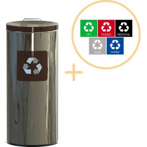 Alda Eco Prestige Bin, Prullenbak - 45L - RVS Bruin - Afvalscheiding Prullenbakken - Gemakkelijk Afval Scheiden – Recyclen - Afvalemmer - Vuilnisbak voor huishouden en kantoor - Afvalbakken - Inclusief 5-delige Stickerset