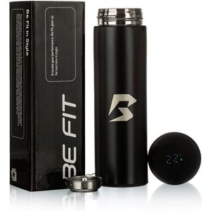 Be Fit Thermosfles RVS - Thermosbeker / Thermoskan - Bidon & Drinkfles - Drinkflessen - Sport & Fitness - Isoleerfles - Koffiebeker - 500 ML - met LED Display - Zwart (2 stuks, 1+1 Gratis)