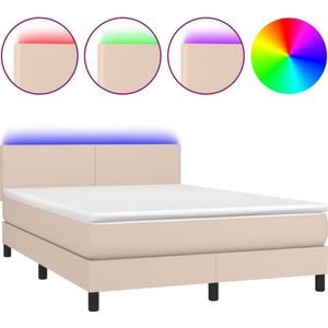 vidaXL - Boxspring - met - matras - en - LED - kunstleer - cappuccinokleur - 140x190cm