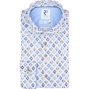 R2 Overhemd Print Blauw Groen - Maat 44 - Heren - Overhemden Casual