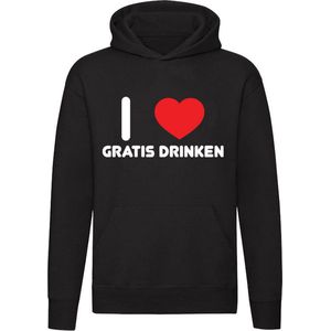 I Love Gratis Drinken | drank | feest | verjaardag | bier | wijn | alcohol | festival | zuipen | Unisex | Trui | Sweater | Hoodie | Capuchon | Zwart