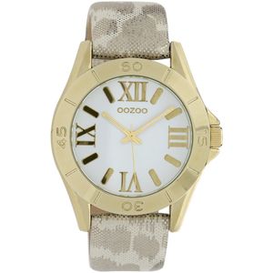 OOZOO Timepieces - Goudkleurige horloge met zilverkleurig/witte leren band - C9781