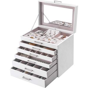 XL Sieradendoos met Spiegel - Juwelendoos met 6 Niveaus - Wit met Roze