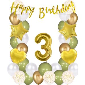 Snoes Ballonnen 3 Jaar Wit Olijf Groen Goud Mega Ballon - Compleet Feestpakket 3 Jaar - Verjaardag Versiering Slinger Happy Birthday – Folieballon �– Latex Ballonnen - Helium Ballonnen - Olive Green Verjaardag Decoratie