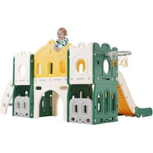 6 in 1 - Glijbaan - Kinderspeeltuin - Kinderglijbaan - Klimspeelgoed - Basketbalkraam - voor Kinderen - van 1-6 jaar - Veilige Trap - Speelplezier Gegarandeerd - voor Binnen - Buiten - Tuin - 190 x 151 x 106 cm - Geelachtig Groen