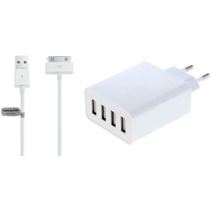 OneOne lader met 4 poorten + 2,0m OneOne USB kabel. Universele oplader adapter past op Apple iPhone 3G, 3Gs, iPhone 4, 4s, iPad 1, iPad 2, iPad 3, iPod Classic, iPod Mini, iPod Nano 1, 2, 3, 4, 5, 6, iPod Touch 1, 2, 3, 4