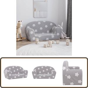 vidaXL Kinderbank 2-zits - Sterren - Zacht Pluche - Grijs Kinderstoel Grijs - Kindermeubel Grijs - Kids Bank Grijs - Kinder Sofa Grijs - Tweezitter Kinderbank