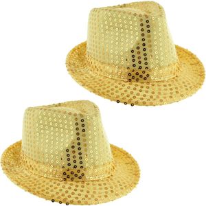 Toppers - Funny Fashion Carnaval verkleed Trilby hoedje met glitter pailletten - 2x - goud - heren/dames