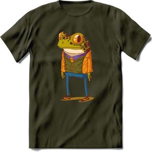 Casual kikker T-Shirt Grappig | Dieren reptiel Kleding Kado Heren / Dames | Animal Skateboard Cadeau shirt - Leger Groen - M