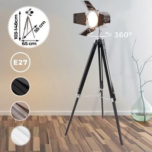 GoodVibes - Staande Vloerlamp met Houten Statief - Chromen Lampenkap - Hoogte Verstelbaar tot max. 148 cm - Vintage/Industriële Lamp - Studiolamp met Statief - Zwart