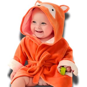 BoefieBoef Vos Baby Badjas Bamboe – Duurzame Kleuter Badcape met Dieren Capuchon voor Kinderen – Eco Ochtendjas voor Jongen en Meisje – Bamboe en Katoen – Milieuvriendelijk Kraamcadeau – Geschikt voor 0-2 Jaar - Oranje