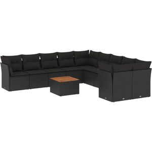vidaXL Loungeset 11-delig - Zwart - Inclusief Kussens Tuinmeubles - Lounge Set - PE Rattan - Zwarte Tuinbank - Buitendrankje