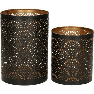Windlichten set met Motief - 2x - Zwart/Goud - Metaal - 10/15 cm