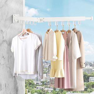 Wandmontage kledingstang 90 cm uittrekbaar inklapbaar wasrek - 12 ophanghaken - balkon wasruimte badkamer - 2 vouwarmen - wit