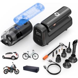 Custom Support® - 4-in-1 Draagbare Luchtcompressor - Auto Stofzuiger Draadloos - Bandenpomp - Elektrische Fietspomp - Kruimeldief Snoerloos - Handstofzuiger - Auto Accessoires