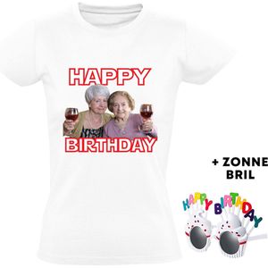 Happy birthday Dames T-shirt + bril - verjaardag - jarig - feest - oma - wijn - grappig