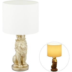 Relaxdays tafellamp leeuw - nachtlamp wit - lamp E27 fitting - bedlamp - design - goud