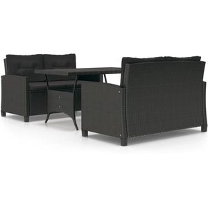 The Living Store 3-delige Tuinset met kussens poly rattan zwart - Tuinstoel - Buitenshuis Eten - Lounge Set - Terrassenset - Bistro Set