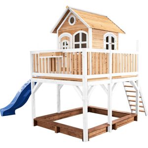 AXI Liam Speelhuis in Bruin/Wit - Met Verdieping, Zandbak en Blauwe Glijbaan - Speelhuisje voor de tuin / buiten - FSC hout - Speeltoestel voor kinderen