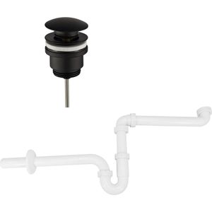 Ruimtebesparend sifon voor wastafel inclusief luxe click waste afvoerplug Clic-Clac 1¼"" mat zwart