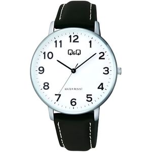 Q&Q C64A-005PY - Horloge - Heren- Leren band - Rond - Staal - Zwart - Zilverkleurig