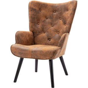 Merax Moderne Loungestoel – Teddy Stof – Comfortabele Fauteuil met Hoge Rugleuning en Houten Poten – Mid-Century Retro Design – Voor Woonkamer - Slaapkamer of Kantoor – Koffiekleur