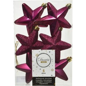 6x stuks kerstornamenten kunststof sterren kerstballen framboos roze (magnolia) 7 cm
