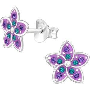 Joy|S - Zilveren bloem oorbellen - paars met paarse en groene kristalletjes - 8 mm - tropische bloem oorknoppen - sterling zilver 925