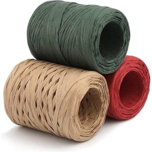 3 Rollen Raffia Papierlint Kerst - 100m Rol Cadeaupapier DIY Festivaldecoratie - Groen Rood Kraft Kleur .