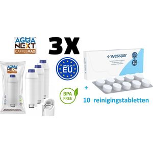 Agua Next CaffeeMax waterfilter vervanging voor Delonghi koffiemachine, 3 st. + extra Tabletten voor het reinigen en ontvetten van de koffiemachine - 10 x 2g - universele reinigingstabletten