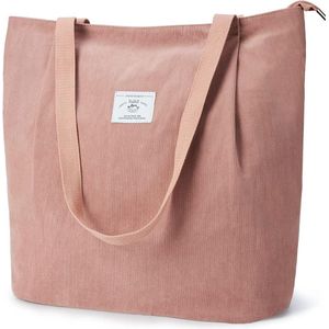 Waterdichte corduroy tas met ritssluiting, grote shopper voor dames, grote capaciteit, schoudertas voor werk, kantoor, reizen, winkelen, school en dagelijks gebruik, l