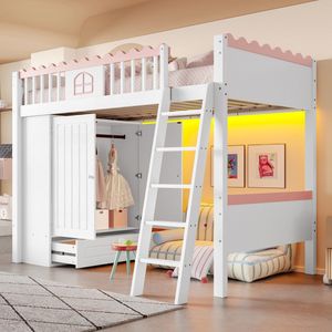 Sweiko Hoogslaper - 90x200 cm - met LED verlichting + kleerkast + laden - Grenen - zonder bureau - Wit+Roze