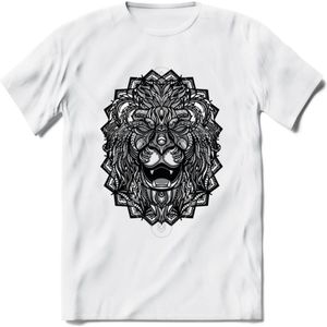 Leeuw - Dieren Mandala T-Shirt | Grijs | Grappig Verjaardag Zentangle Dierenkop Cadeau Shirt | Dames - Heren - Unisex | Wildlife Tshirt Kleding Kado | - Wit - L