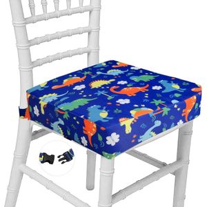 Stoelverhoger, cartoon draagbare stoelverhogers met 2 veiligheidsgespen, wasbare stoelverhoger voor eettafel (dinosaurusblauw)