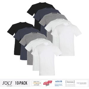 10 Pack Sol's Heren T-Shirt 100% biologisch katoen Ronde hals Zwart, Donker Grijs, Grijs / Lichtgrijs gemeleerd, wit Maat 3XL