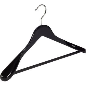 De Kledinghanger Gigant - 8 x Mantelhanger / kostuumhanger lotushout zwart gelakt met schouderverbreding en anti-slip broeklat, 44 cm