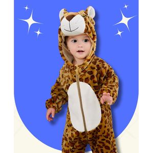 BoefieBoef Luipaard Dieren Onesie & Pyjama voor Baby & Dreumes en Peuter tm 18 maanden - Kinder Verkleedkleding - Dieren Kostuum Pak - Bruin Stippels Wit