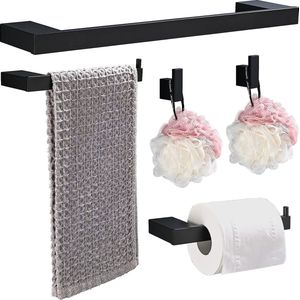 Handdoekenset, 5 stuks aluminium badkameraccessoires, 40 cm handdoekstang, toiletpapierhouder en handdoekhaak, badkamerhardware set, wandmontage, gatinstallatie voor badkamer, keuken, zwart