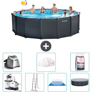 Intex Rond Graphite Gray Panel Zwembad - 478 x 124 cm - Inclusief Pomp - Ladder - Grondzeil - Afdekzeil Zoutwatersysteem - Filterbollen - Zwembadzout