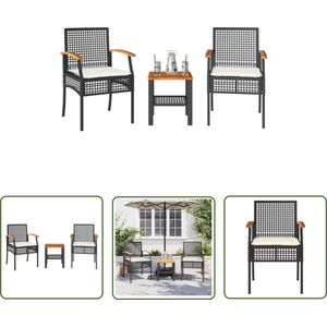 The Living Store 3-delige Bistroset met kussens poly rattan en acaciahout zwart - Tuinmeubles - Bistroset - Buitentafels - Lounge Set - Eetkamerset