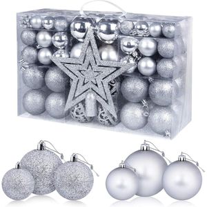 98 stuks zilveren kerstballen ornament set 3-6 cm - onbreekbare kerstballen decoratie met kerstboom topper en kralenkettingen