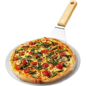 pizzaschep van roestvrij staal - pizza- en cakeschep met houten handvat - ronde pizzaduwer voor pizza, tarte flambée en brood (bruin/zilverkleurig - rond)