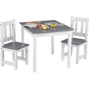 Kindertafel en 2 Stoeltjes - Kindermeubel, Tafel, Tafeltje - voor Peuter, Kleuter & Kinderen - Hout - Grijs + Wit