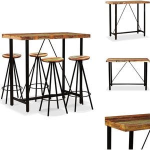 vidaXL Industriële Bartafel en Barkrukken - Massief Gerecycled Hout - Staal - 120x60x107cm - Uniek - Set tafel en stoelen
