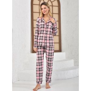 Katoen Dames 2- Delige -Pyjama- Luxe Pyjamaset- Nachtkleding Roze Met Geruit Patroon Maat XL