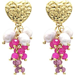 Oorbellen - Hart en Parels - RVS - 4,5 cm - Paars
