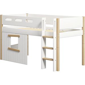 Flexa Bed - Halfhoogslaper, rechte ladder en boomhut bedfronten, eiken frame - Wit en Eiken - 200x90 - MDF, Massief eiken en Berken Multiplex