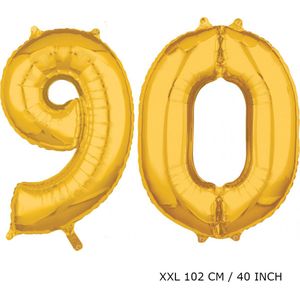 Mega grote XXL gouden folie ballon cijfer 90 jaar. Leeftijd verjaardag 90 jaar. 102 cm 40 inch. Met rietje om ballonnen mee op te blazen.